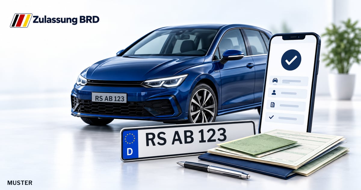 Online Fahrzeugzulassung in Remscheid: Musterkennzeichen RS AB 123, Auto und Fahrzeugpapiere und Smartphone. Illustration mit Logo von Zulassung BRD.